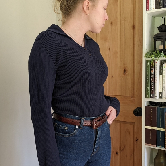 Vintage Navy Blue Top Button Collared Shirt - Picture 7 of 8